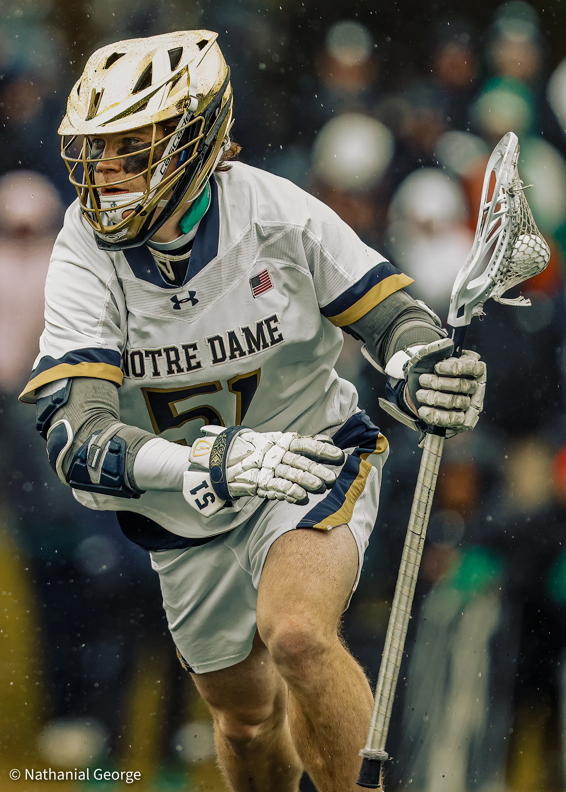 A Notre Dame lacrosse player in white, number 51, carries the ball in the pocket of his raised stick, his gold helmet bright against a blurred crowd.