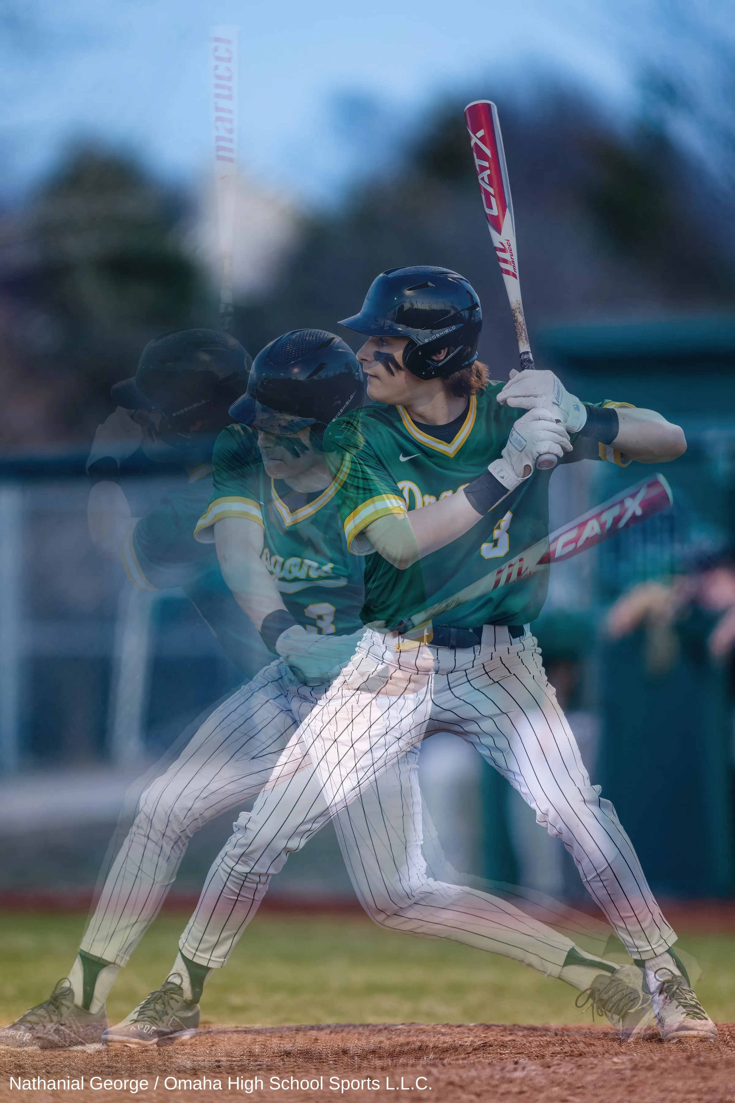 A batter in a green Dragons jersey, number 3, and pinstripes appears three times in one frame, overlapping images of a single swing.